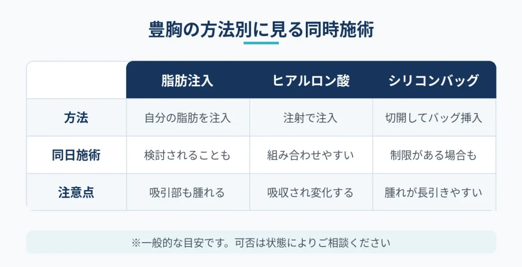豊胸の方法別に乳頭縮小との同時施術の考え方を比較した図