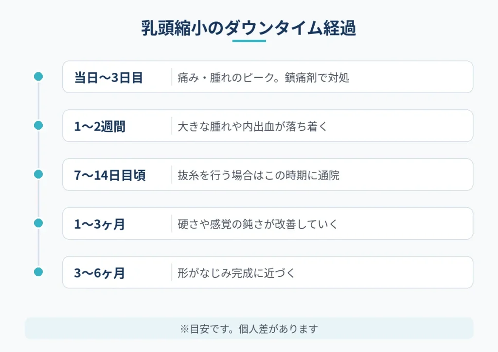 乳頭縮小の術後当日から完成までのダウンタイム経過を示した図