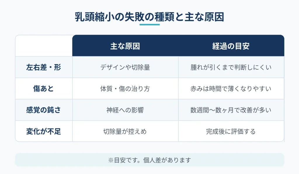 乳頭縮小の主な失敗の種類と考えられる原因の比較表