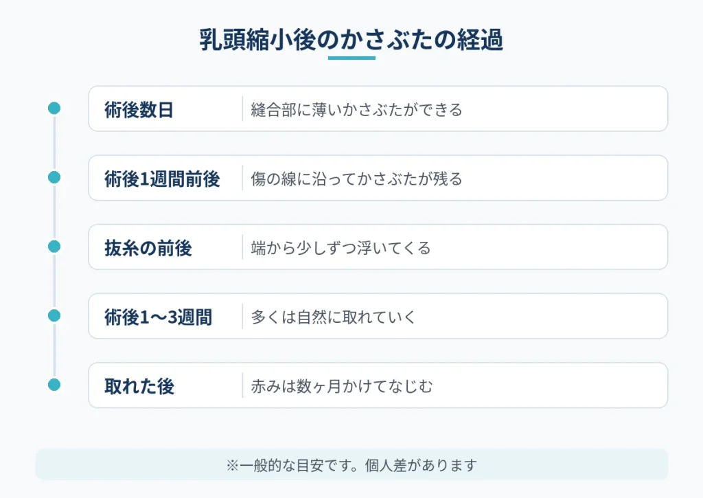 乳頭縮小後にかさぶたができてから自然に取れるまでの経過