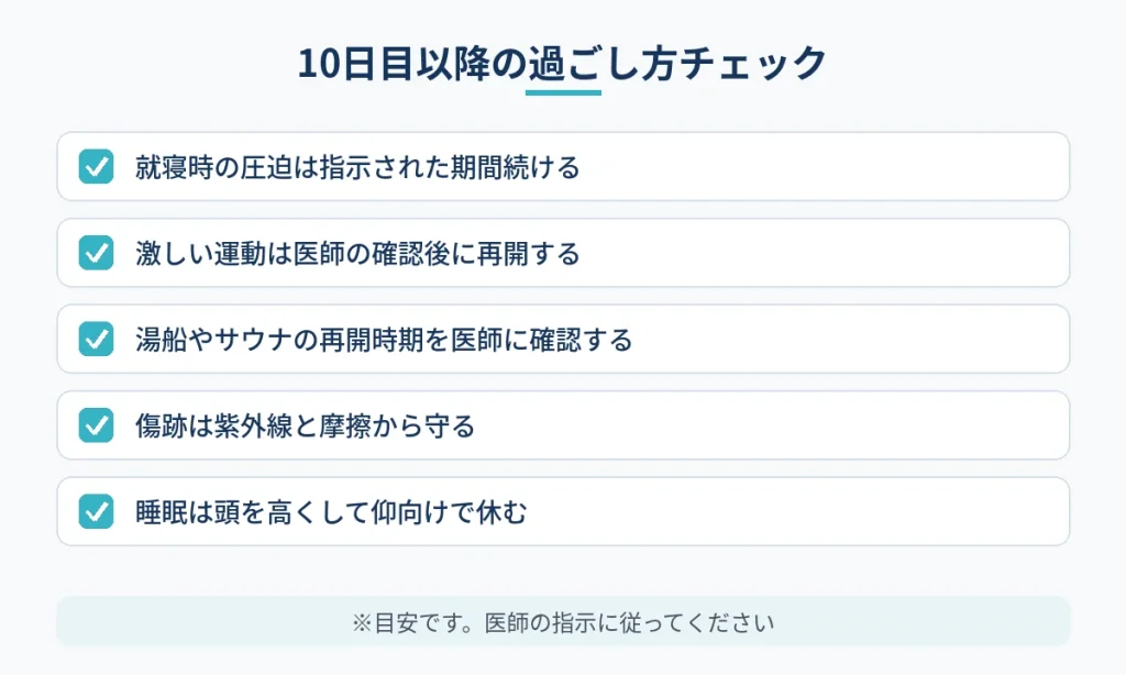 切開フェイスリフト術後10日目以降に続けたい過ごし方のチェック項目
