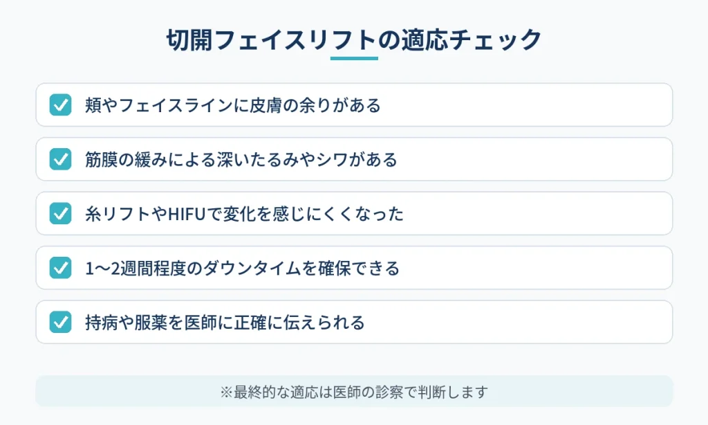 切開フェイスリフトが適応となるかを確認するためのチェックリスト