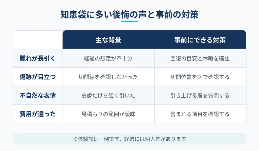 知恵袋に多い切開フェイスリフトの後悔の声と、その背景・事前の対策の比較表